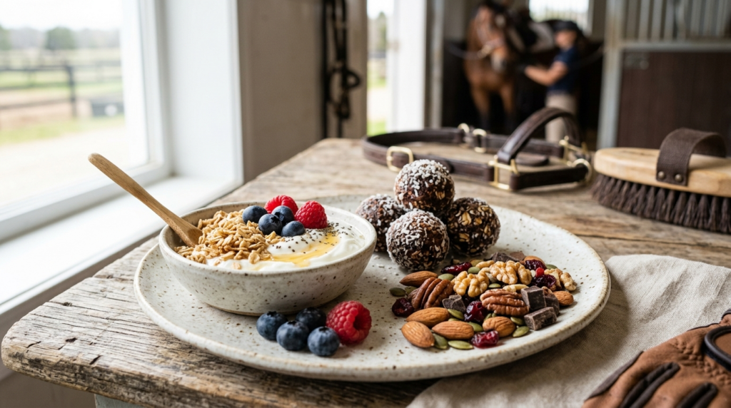 Close-up professional food photograph of high-energy snacks 