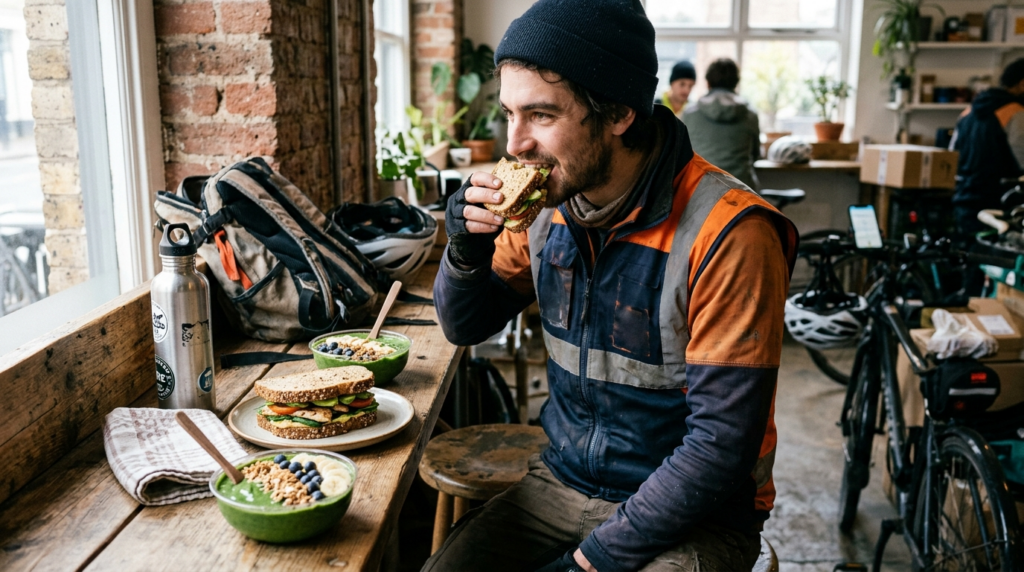 Professional food styling photograph of a busy rider eating 