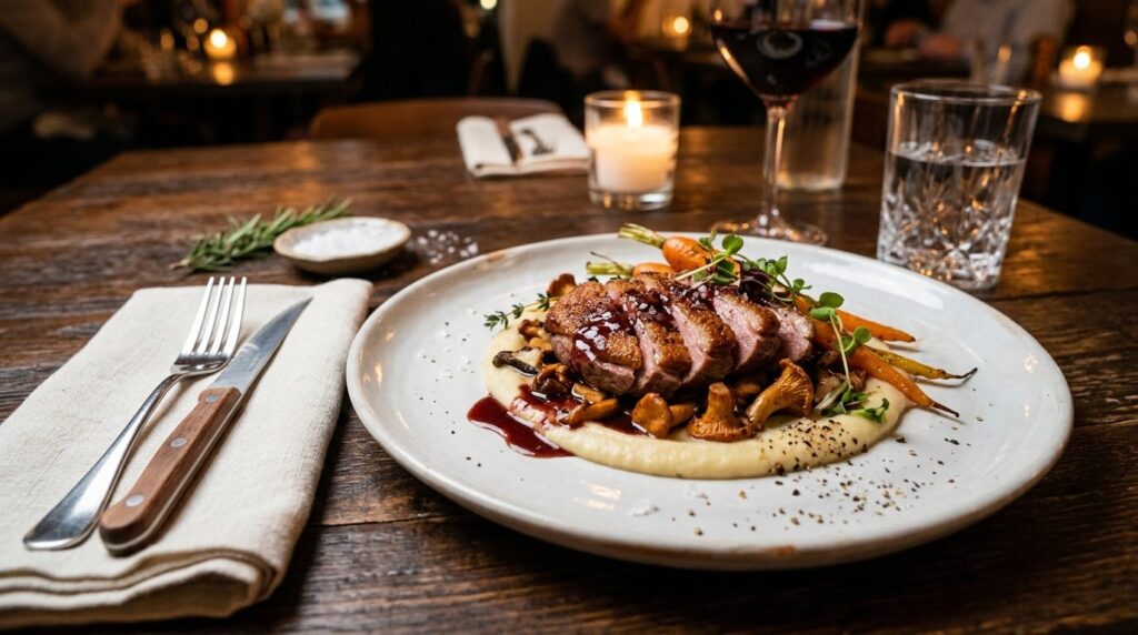 Close-up of an elegantly plated dinner with warm directional